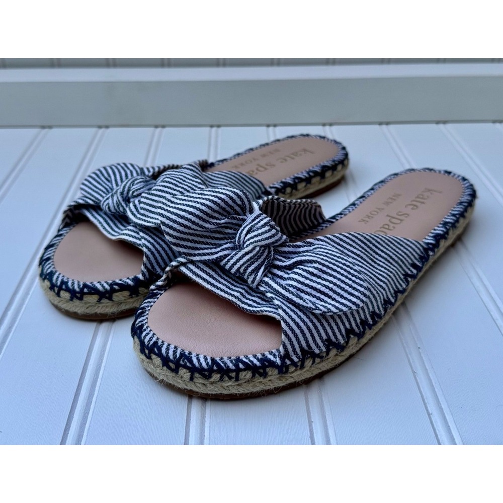 Kate Spade Saltie Shore Navy White Striped Bow Espadrille Slide Sandals 7B‎
